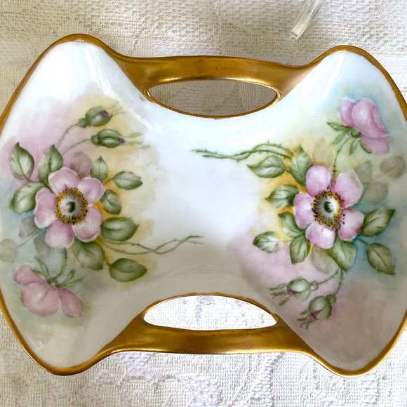 Vintage RS Germany Gold Handle, Hand Painted Purple Wild Roses, Gold Trim Plate - Picture 1 of 6